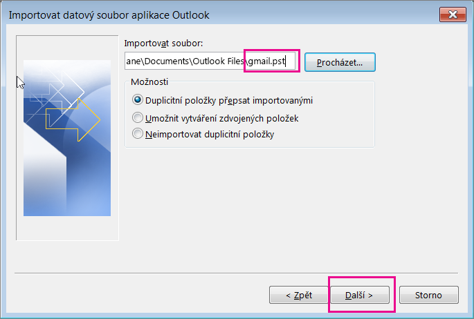 Vyberte soubor PST, který jste vytvořili, abyste ho mohli importovat.