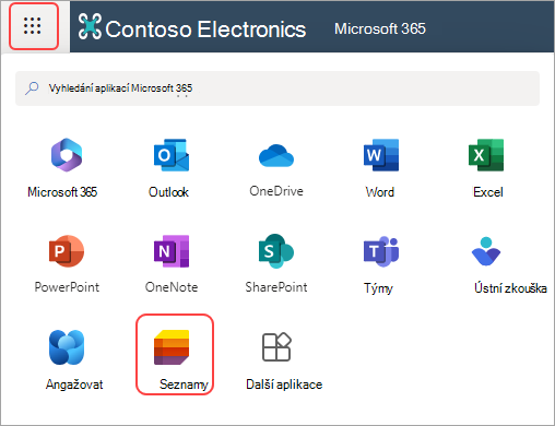 Snímek obrazovky spouštěče aplikací a seznamů aplikací v Microsoftu 365