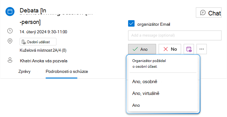 Obrázek znázorňuje tlačítko hybridní nabídky RSVP pro Ano s rozbaleným rozevíracím seznamem, kde můžete vidět tři různé možnosti: "Ano, osobně", "Ano, virtuálně" a "Ano".