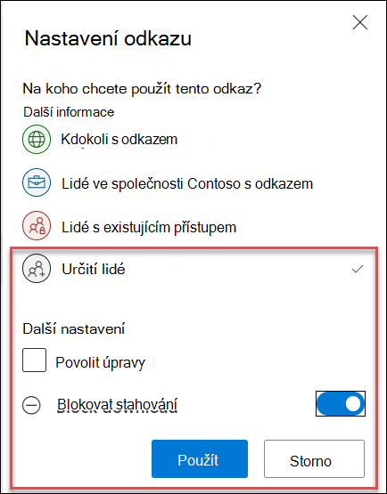 Možnost blokování stahování z OneDrivu v nastavení odkazu