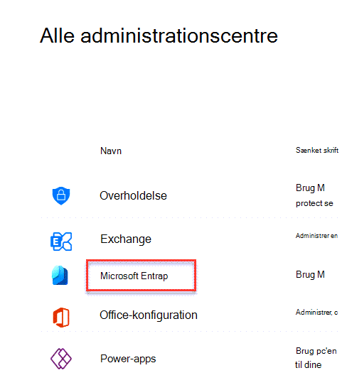 Menuen Administration i Microsoft 365 med Azure Active Directory Administration fremhævet.