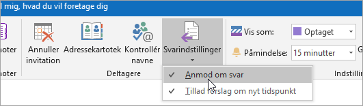 Et skærmbillede af knappen Anmod om svar i Outlook 2016 til Windows