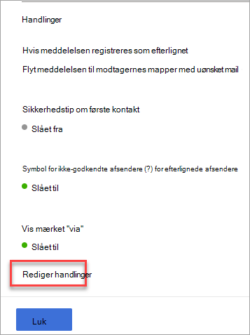 Panelet for antiphishing-politikhandlinger med en pil, der peger på linket Rediger handlinger.