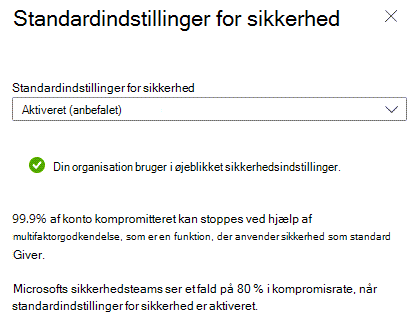 Dialogboksen til aktivering af standardindstillinger for Azure Active Directory.