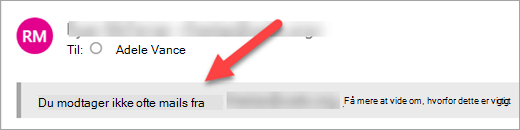 Et sikkerhedsmærke i en mail, der angiver, at du ikke ofte modtager mails fra den pågældende afsender.