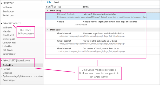 Når du har tilføjet din Gmail-konto, får du vist to konti i Outlook