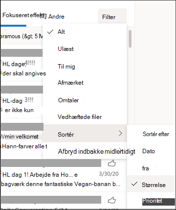 Et skærmbillede af menuen Filter, hvor Sortér efter er markeret