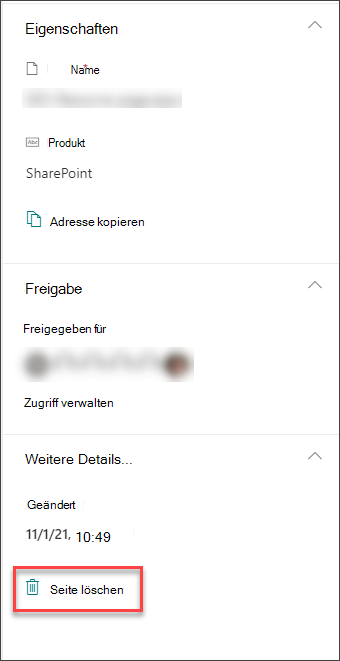 Screenshot der Option "Seite löschen" im Bereich "Seitendetails"