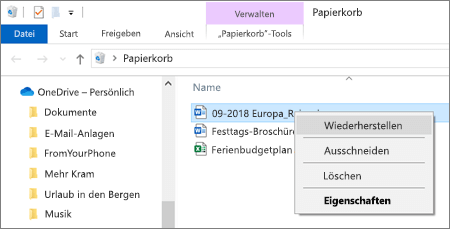 Rechtsklickmenü zum Wiederherstellen einer gelöschten Datei aus dem Papierkorb