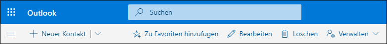 Screenshot mit den verfügbaren Optionen auf der Befehlsleiste "Personen", wie z. B. "Neuer Kontakt", "Bearbeiten", "Löschen", "Zu Favoriten hinzufügen" und "Verwalten".