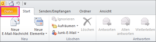 In Outlook 2010: Wählen Sie die Registerkarte "Datei" aus.