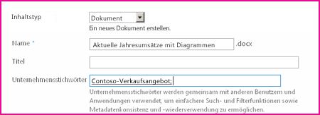 Benutzer können Stichwörter im Dialogfeld für Dokumenteigenschaften eingeben.