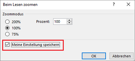 Zoom-Wahlmöglichkeiten und eine Option für "Meine Auswahl speichern"