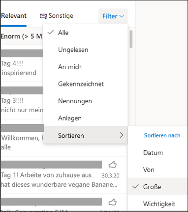 Screenshot des Menüs "Filter", "Sortieren nach" ausgewählt