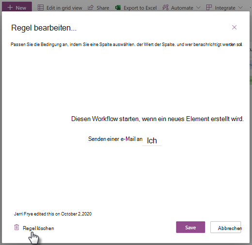 Screenshot: Löschen einer Regel für eine Liste auf der Seite "Regel bearbeiten"