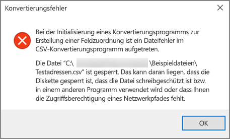 Dies ist die Fehlermeldung, die Angezeigt wird, wenn Ihre .csv-Datei schlecht formatierte Daten enthält.