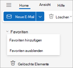 Screenshot: Dropdownliste "Favoriten" mit Optionen zum Hinzufügen oder Ausblenden von Favoriten