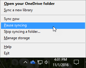 Στιγμιότυπο του προηγούμενου μενού του OneDrive για επιχειρήσεις με επιλεγμένη την επιλογή "Παύση συγχρονισμού".