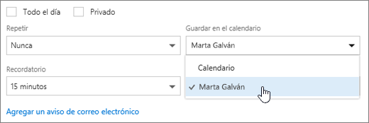 Captura de pantalla del menú Guardar en el calendario.