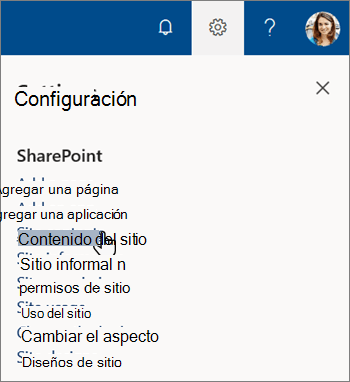 Menú Configuración de SharePoint, con contenido del sitio resaltado