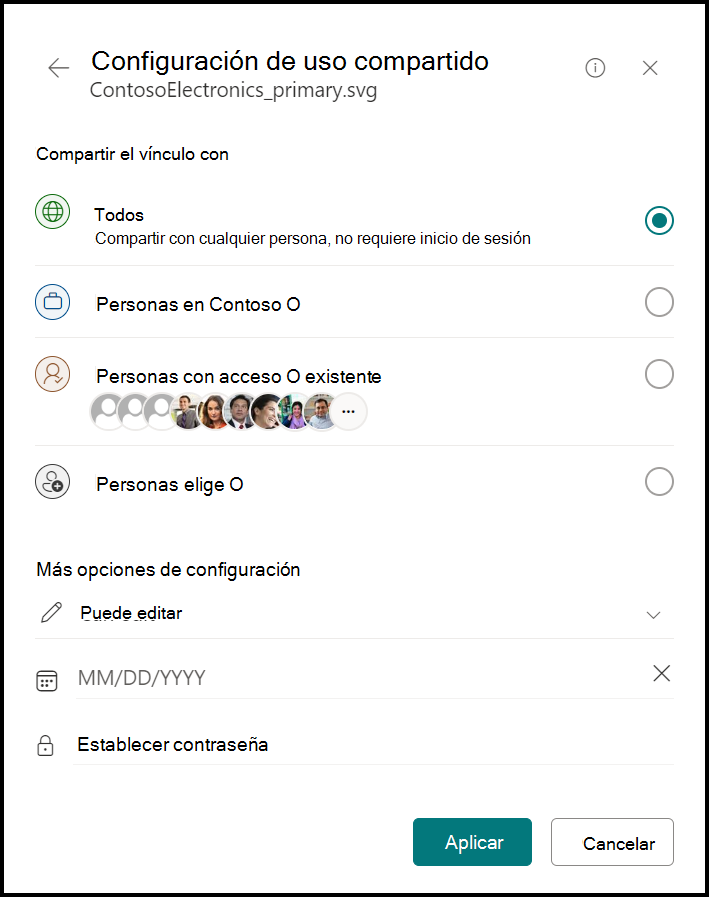 Captura de pantalla de la ventana administrar acceso a vínculos, que muestra si desea compartir el vínculo con: cualquier persona, persona de su organización, personas con acceso existente o personas que elija. También se muestran más opciones de configuración, incluida una lista desplegable de: puede editar, ver, fecha de expiración y establecer contraseña.