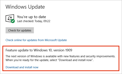 Windows Update que muestra la ubicación de la actualización de características