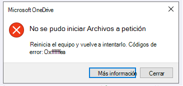 Error de OneDrive: No se pudo iniciar Archivos a petición. Reinicie el equipo y vuelva a intentarlo. Códigos de error: <error code>