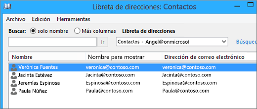 Cuando se importan los contactos de Google Gmail a Office 365, verá la lista en la Libreta de direcciones: contactos