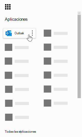 Iniciador de aplicaciones de Microsoft 365 con la aplicación de Outlook resaltada.