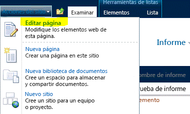 Comando Editar página del menú Acciones del sitio