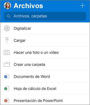 Captura de pantalla del menú Agregar en la aplicación de OneDrive para iOS