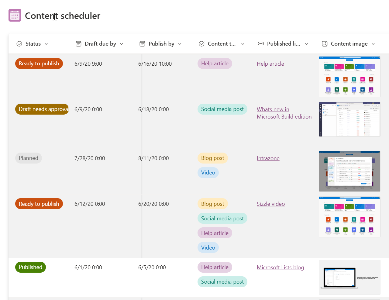 Screenshot of Template of content scheduler sample