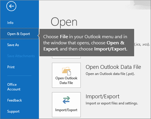 Outlooki PST-faili loomiseks valige Fail > Ava ja ekspordi > Impordi/ekspordi