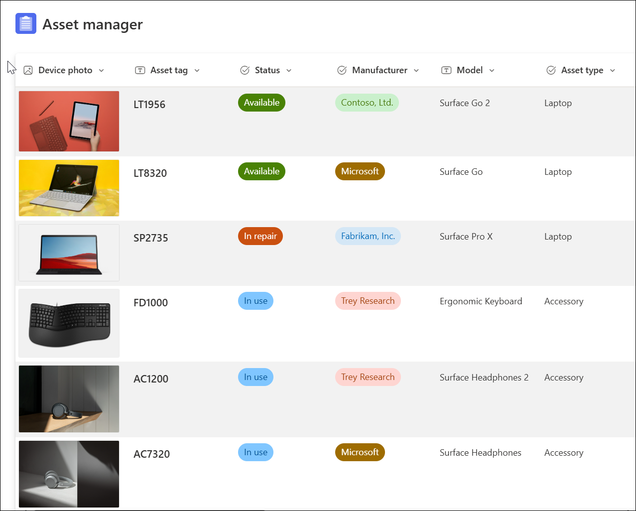 Screenshot of List template asset manager sample