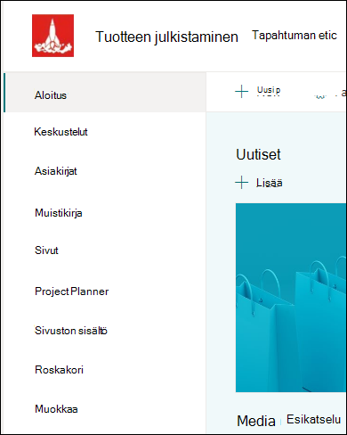 SharePoint-ryhmäsivuston vasemmanpuoleinen valikko