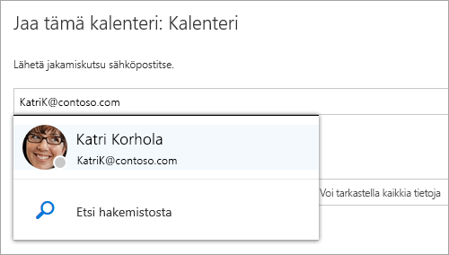 Näyttökuva Jaa tämä kalenteri -valintaikkunasta.