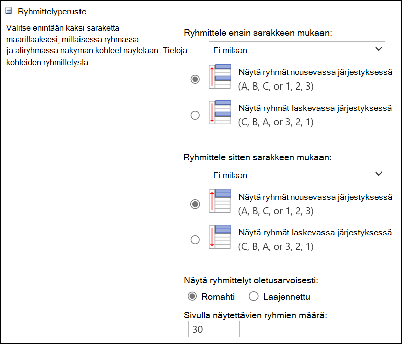 näyttökuva ryhmittelystä enintään 2 sarakkeen mukaan.