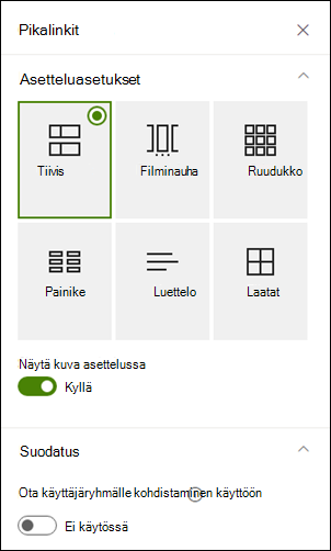 Ominaisuudet-ruutu, jossa näkyy valitun asettelun lisäasetukset.