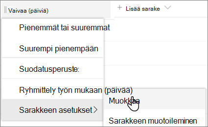 SharePointin Muokkaa saraketta -ruutu, jossa Poista-vaihtoehto on valittuna