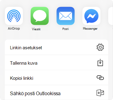Jakamisvalikko ja sovellukset yläosassa ja luettelo jakovaihtoehdoista niiden alla.