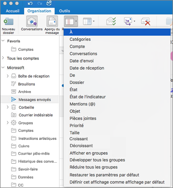 Trier vos e-mails de différentes manières en cliquant sur Organiser > Organiser par > et en sélectionnant dans la liste d’options