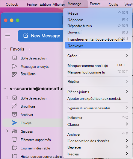 Liste déroulante des messages pour renvoyer un e-mail