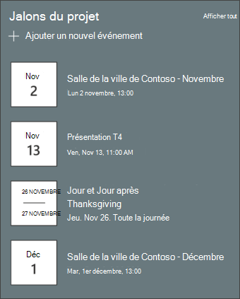 Capture d’écran du composant WebPart Événements