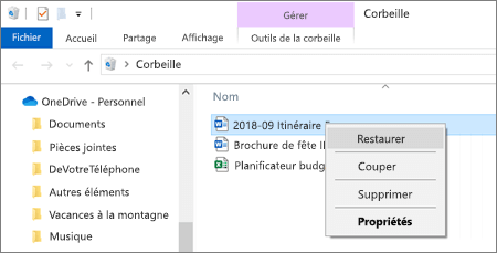 Menu contextuel pour récupérer un fichier supprimé de la Corbeille