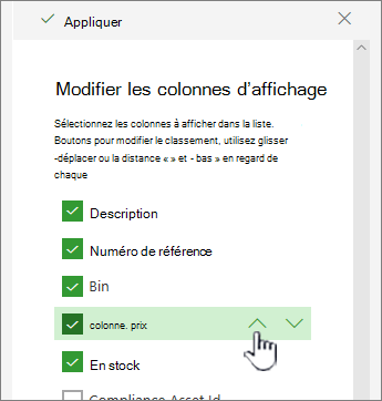 Utiliser des flèches vers le haut ou vers le bas, ou glisser-déplacer la position de colonne