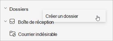 Capture d’écran de l’option Créer un dossier sélectionnée dans le menu Autres options du volet dossier