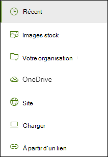 Liste des emplacements disponibles pour fournir une image lors de l’ajout d’un lien.