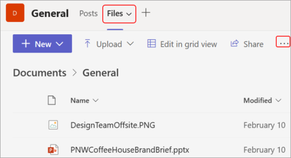 Capture d’écran de l’onglet Fichiers et de l’option Ouvrir dans SharePoint dans Microsoft Teams,