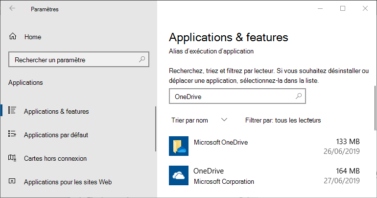 OneDrive dans les paramètres d’application Windows