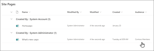 תמונה של רשימת דפי האתר. הפריט השני הוא פרסום חדשותי. בעמודה קהל, מופיעים חברי Contoso.
